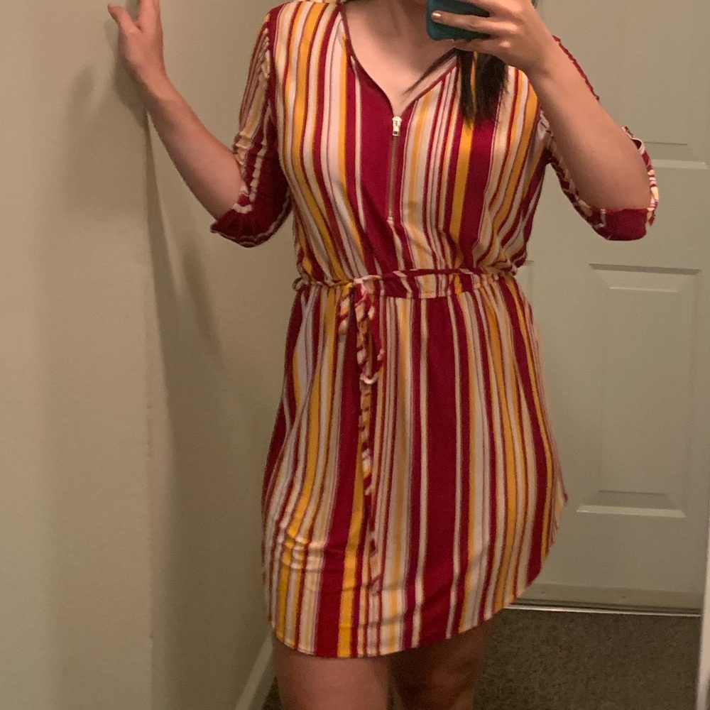 Red/Orange/White stripped zipper dress